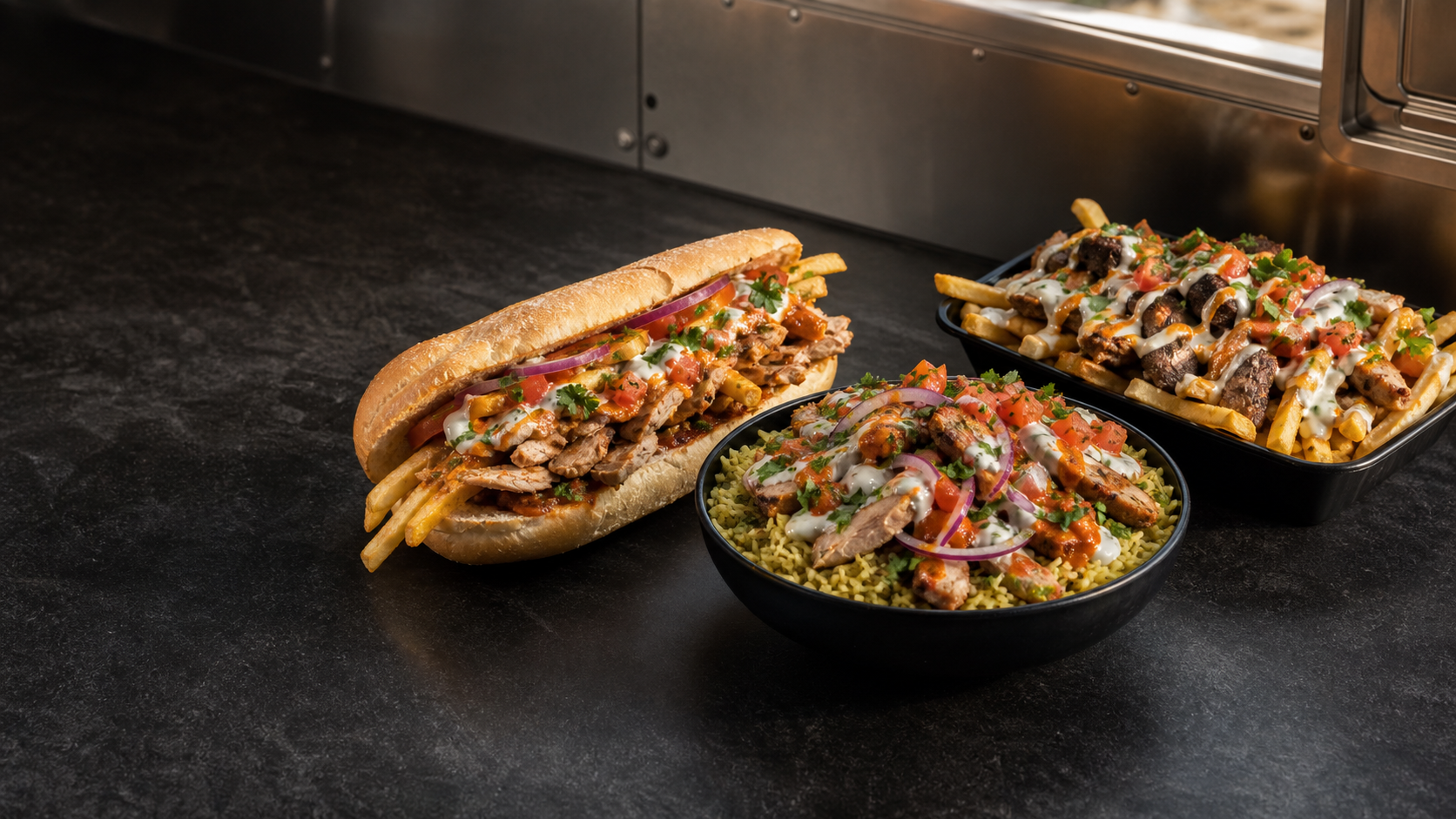 Gyros baguette, bowl and loaded fries from The Spin